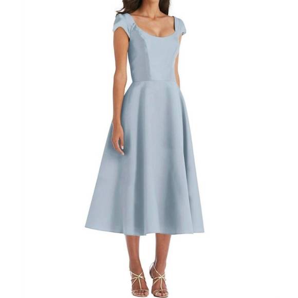 NEW ALFRED SUNG puff cap sleeve full skirtsatin midi dress in mist light blue - Picture 1 of 2